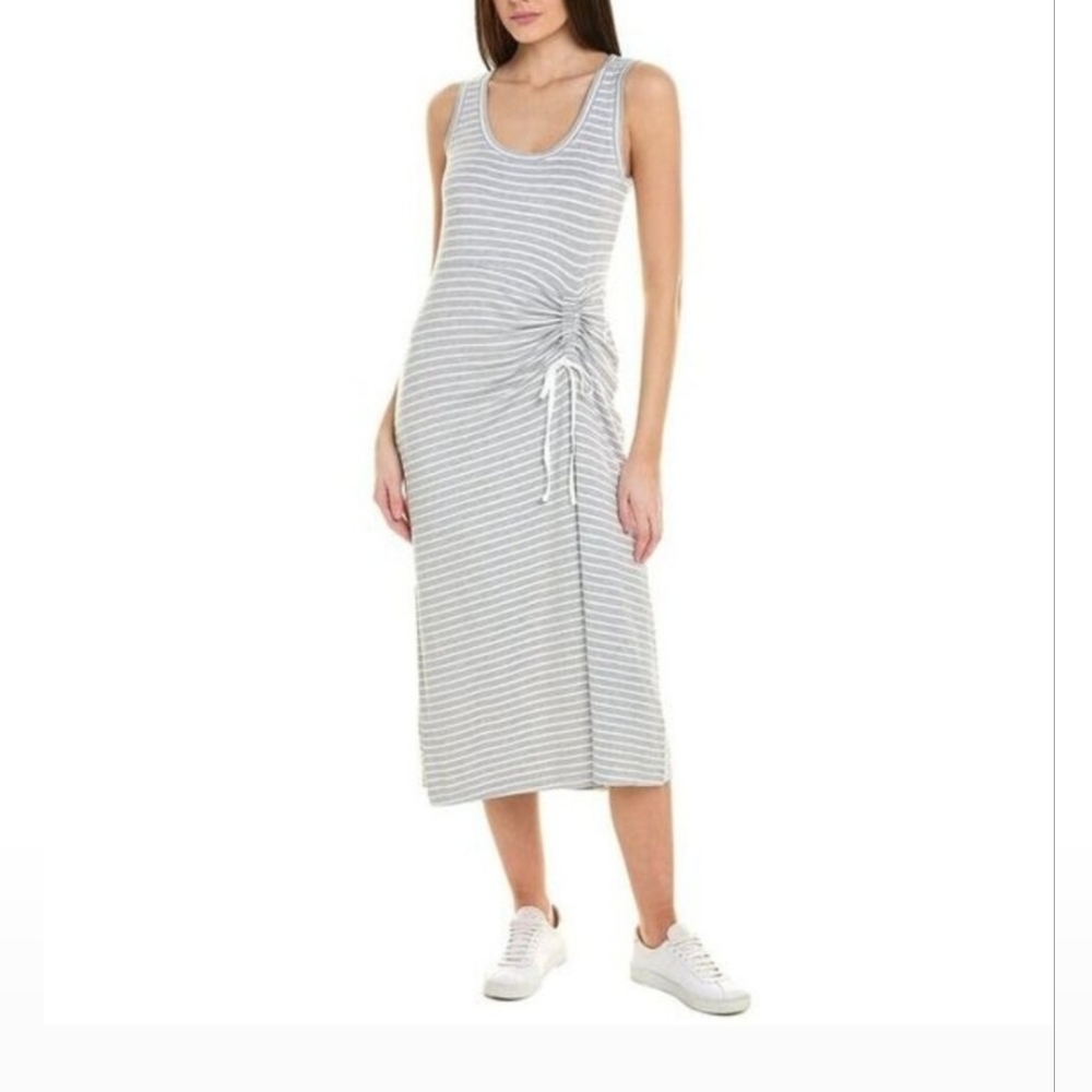 CABI Stripe Easy Dress Ruched Side Gray White Stripe Sleeveless Sz M #5974 NWOT